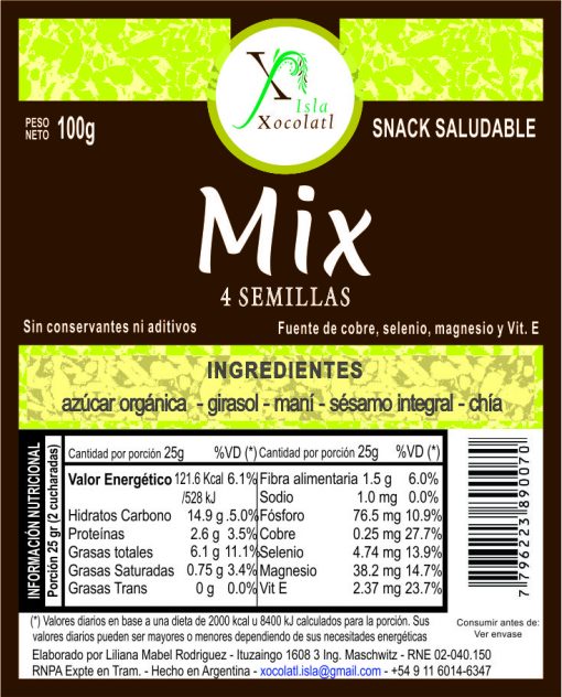 Mix 4 semillas 100 gr con azucar organica sin conservantes ni aditivos