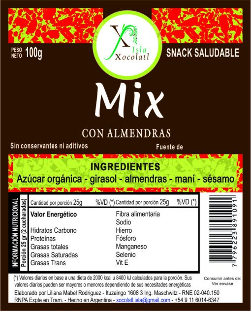 Mix con almendras caramelizadas 100 gr con azucar organica sin conservantes ni aditivos